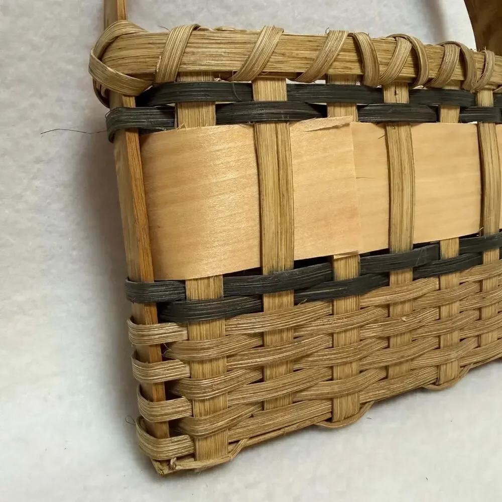 Vintage Hand-Painted Woven Wicker Splint Hanging Basket Floral Cottage Farmhouse